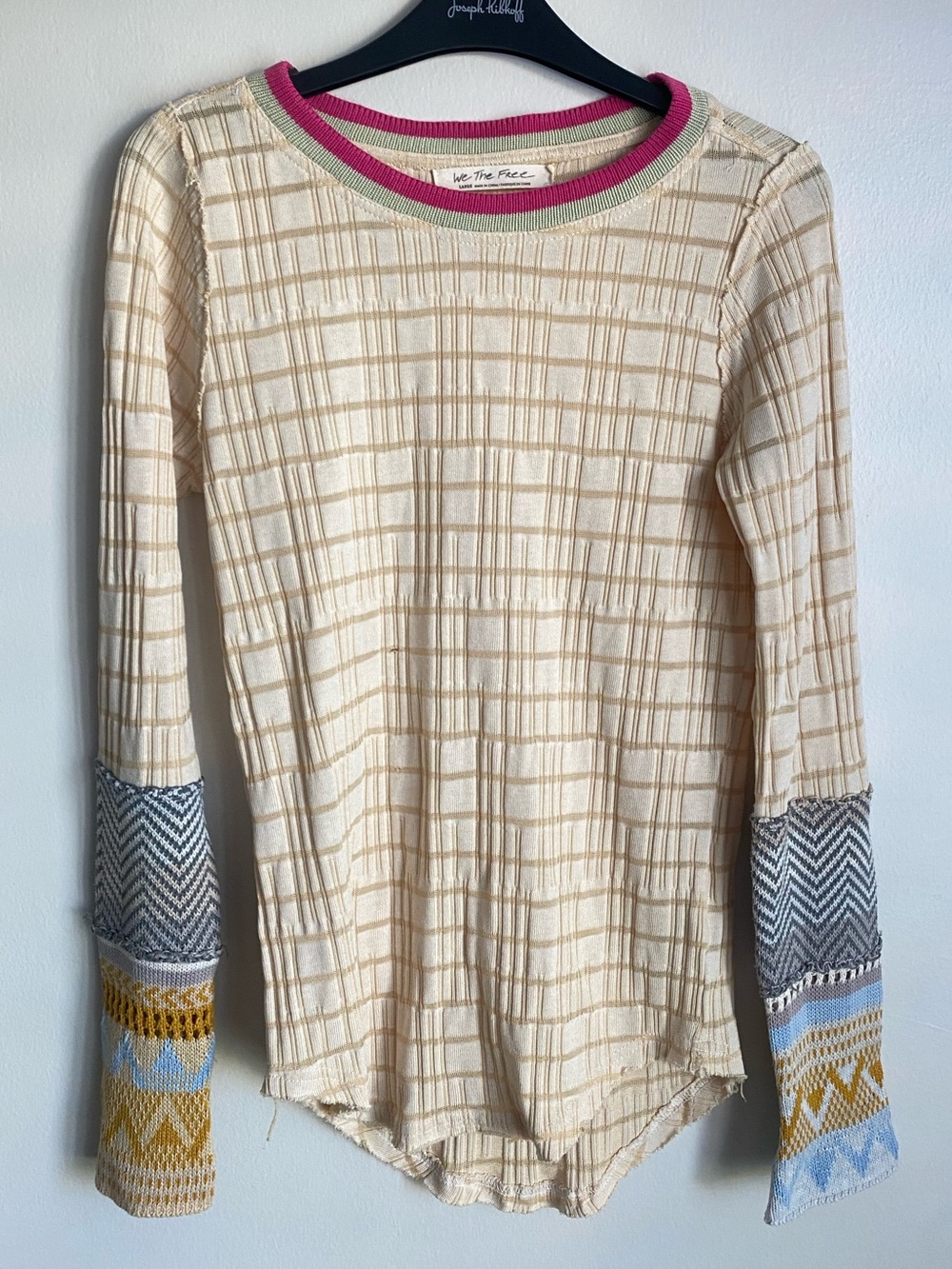 We The Free Free People Plaid Contrast Cuff Long Sleeve Top Large